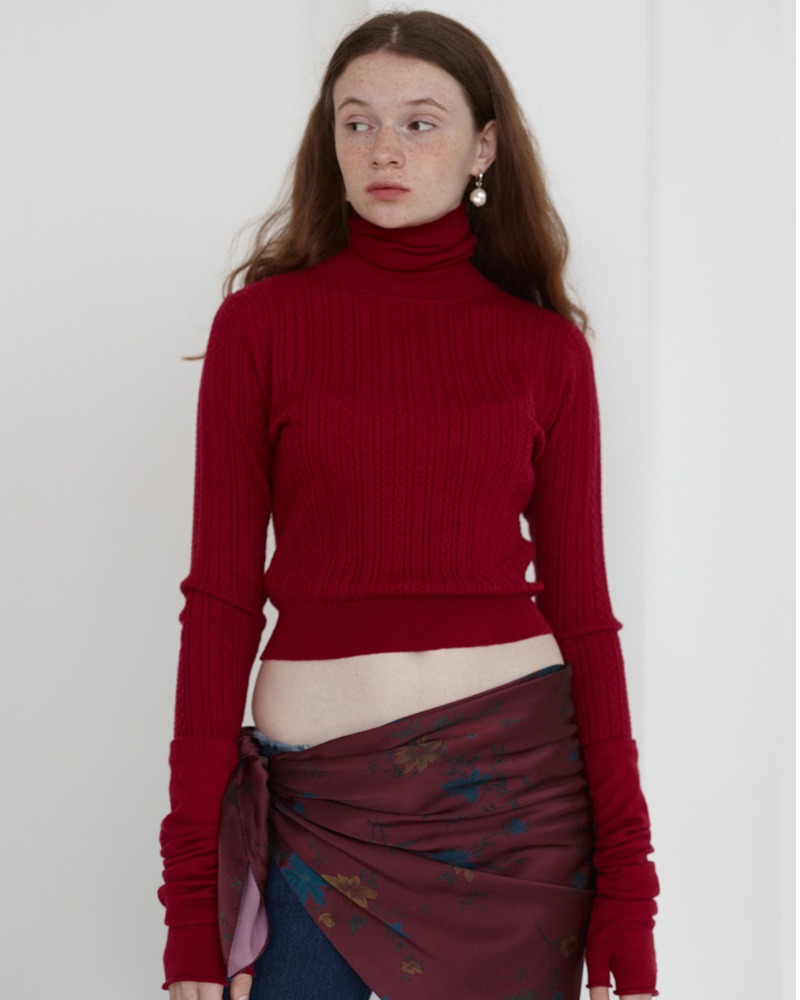 [BC20AWKN04RD] SLIM CABLE TURTLENECK KNIT TOP RED