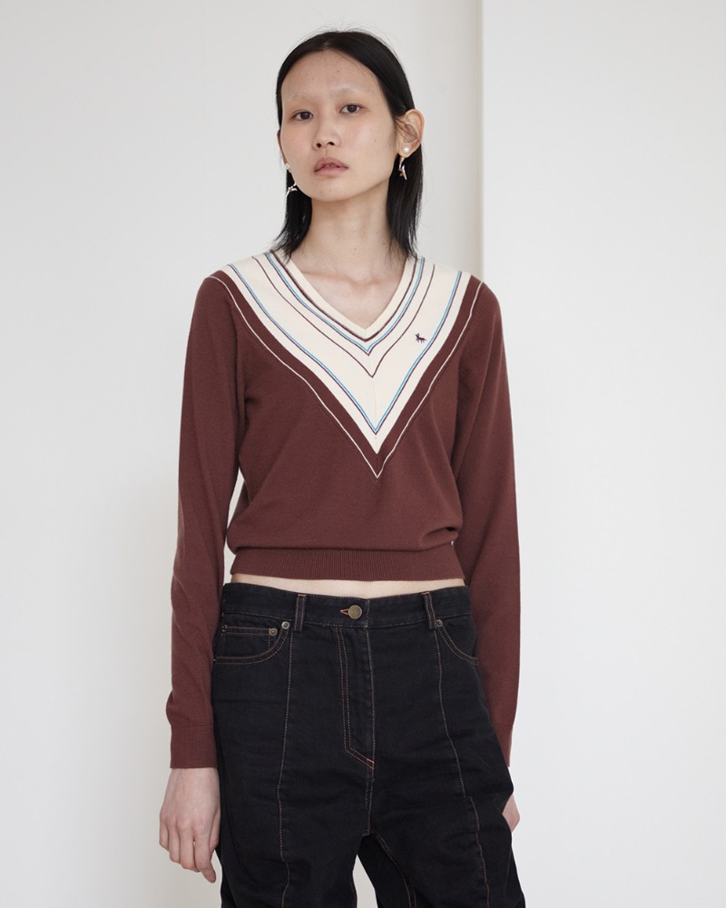 [BC20AWKN19BR] CLASSY SLOPE LINE KNIT TOP BROWN