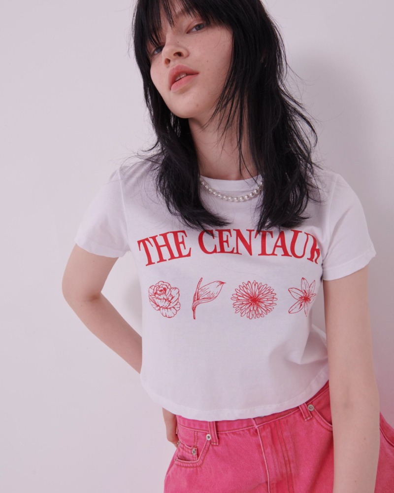 [TC22SSTOP33WH] FLOWER HEAD CROPPED TSHIRT [WHITE]
